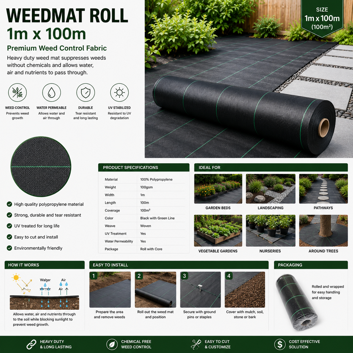 GroundGuard Plastic Weedmat 1m x 50m